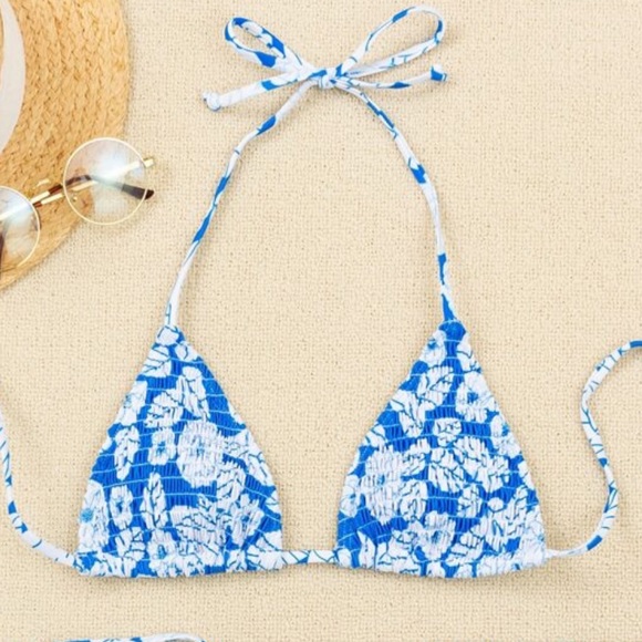SHEIN Other - Shein Blue Floral Smocked Triangle Bikini Top